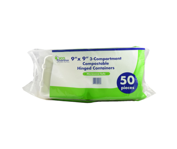 Eco Guardian 9" x 9" 3-Compartment Compostable Hinged Containers (50 Count) - Image 2