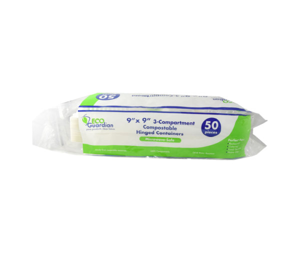 Eco Guardian 9" x 9" 3-Compartment Compostable Hinged Containers (50 Count) - Image 3